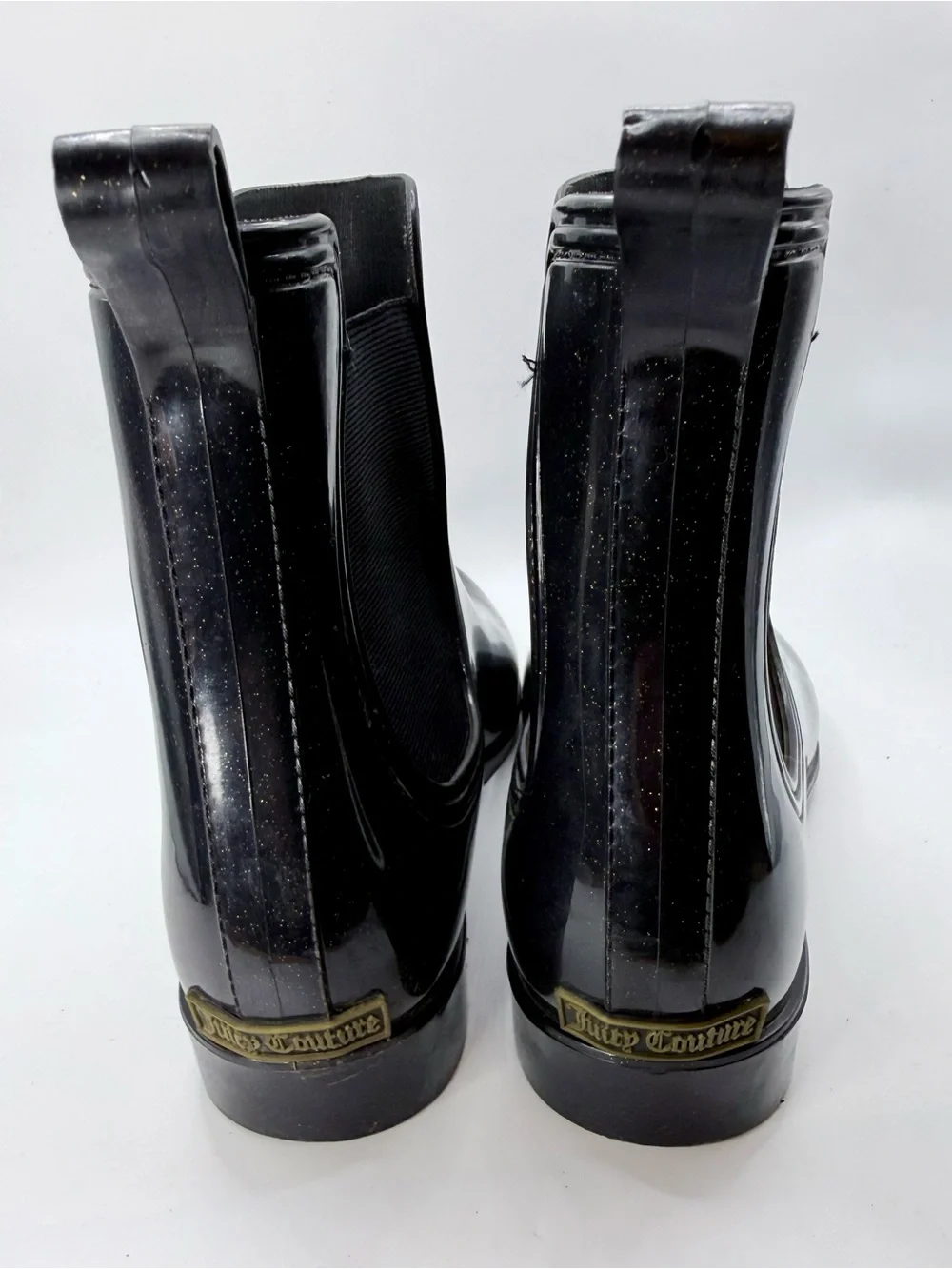 Juicy Couture Rori Rain Boots Ankle Black Gold Sparkle Size 10 Waterproof EUC